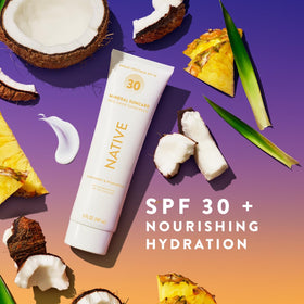 Native sunscreen label close-up highlighting SPF 30 and Hawaii compliance benefits