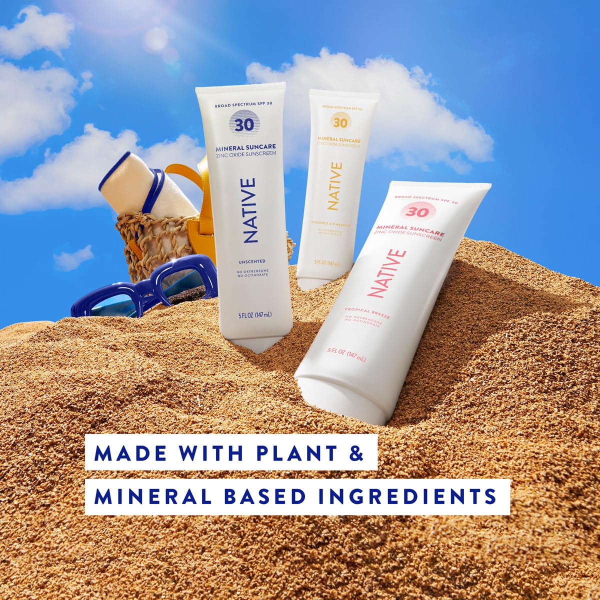 Native sunscreen held in hand showing 5 ounce travel-friendly size