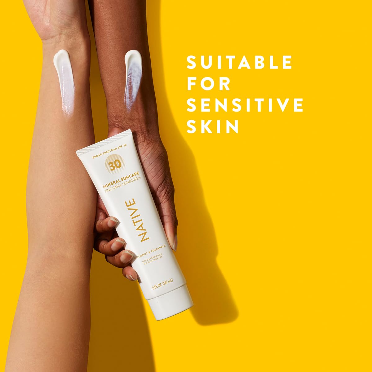 Native sunscreen lotion texture swipe demonstrating smooth, lightweight application benefit
