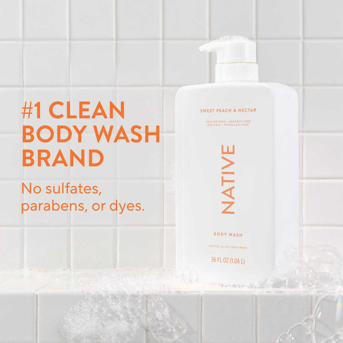 Native label close-up highlighting Sweet Peach & Nectar fragrance and clean formula