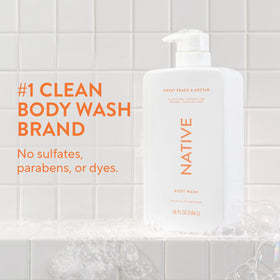 Native label close-up highlighting Sweet Peach & Nectar fragrance and clean formula