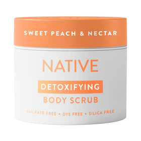 Native front packaging showing 12 oz scrub with peach scent and clear benefit