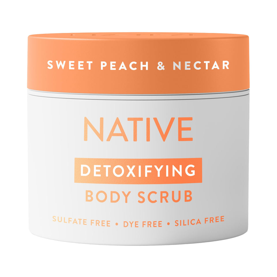 Native front packaging showing 12 oz scrub with peach scent and clear benefit