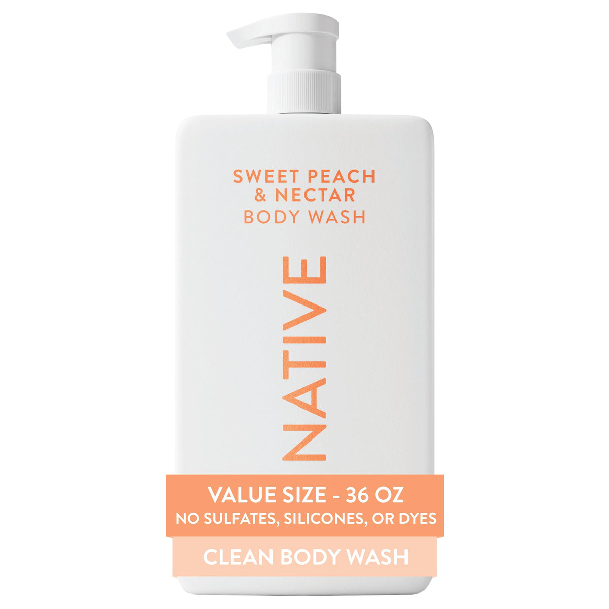 Native front pump bottle showing 36 oz size and peach scent for family value