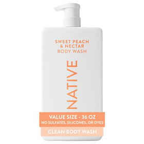 Native front pump bottle showing 36 oz size and peach scent for family value