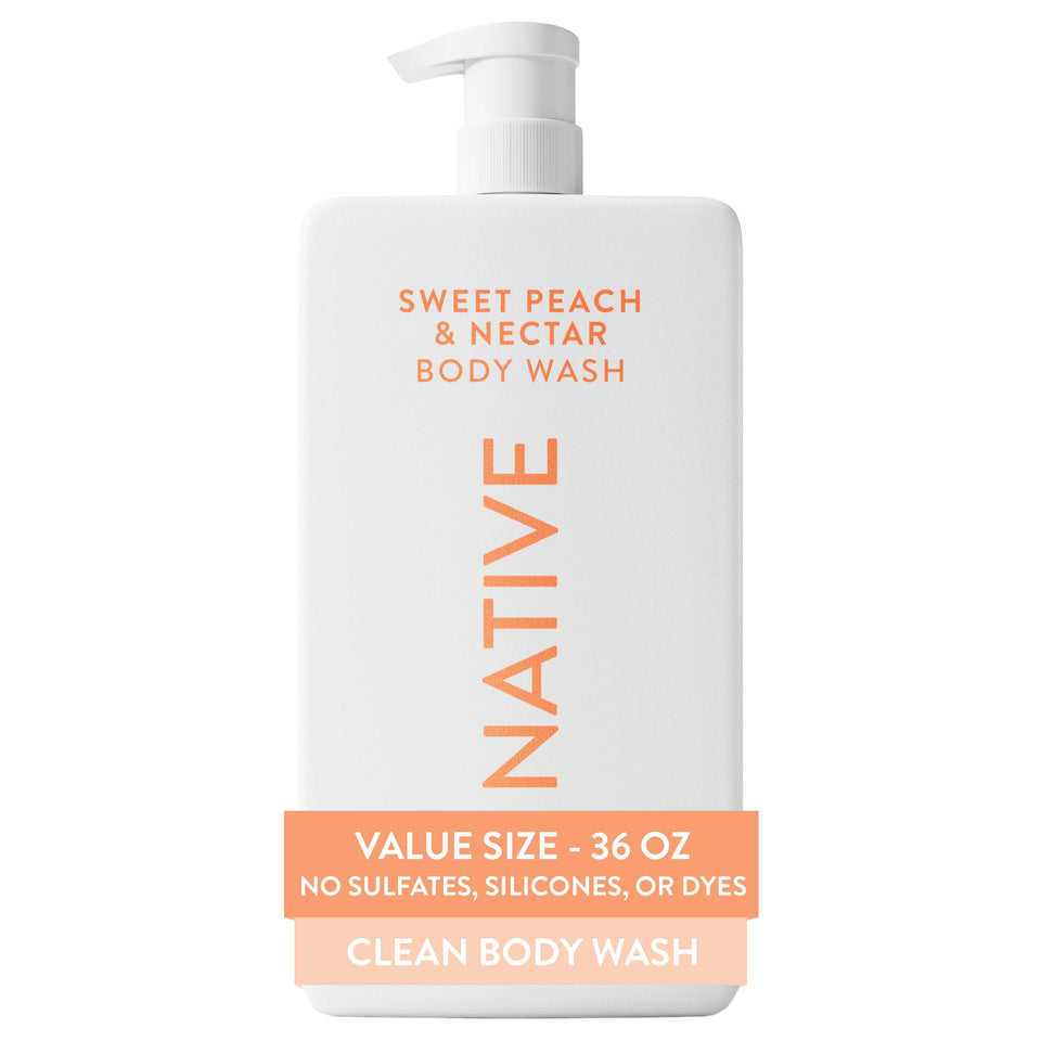Native front pump bottle showing 36 oz size and peach scent for family value