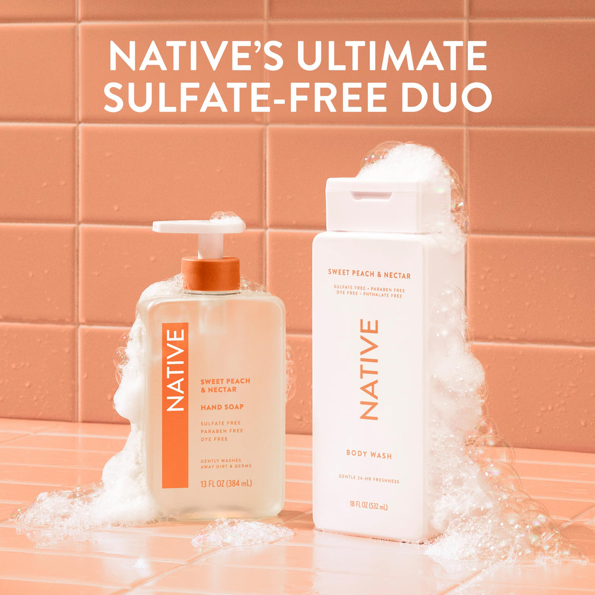Native bottle in a styled bathroom implying refreshing, uplifting shower experience