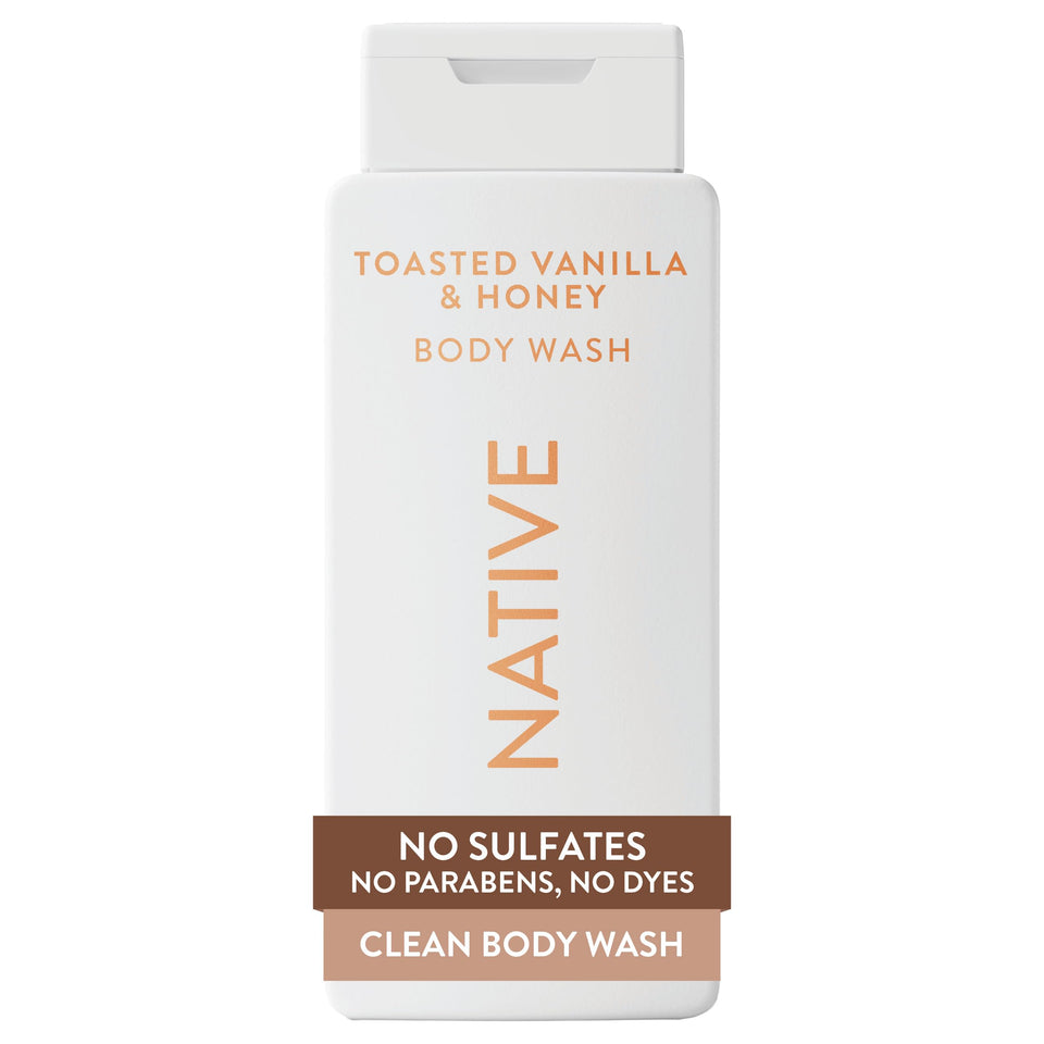 Native front packaging showing toasted vanilla honey scent and 18 oz size benefit