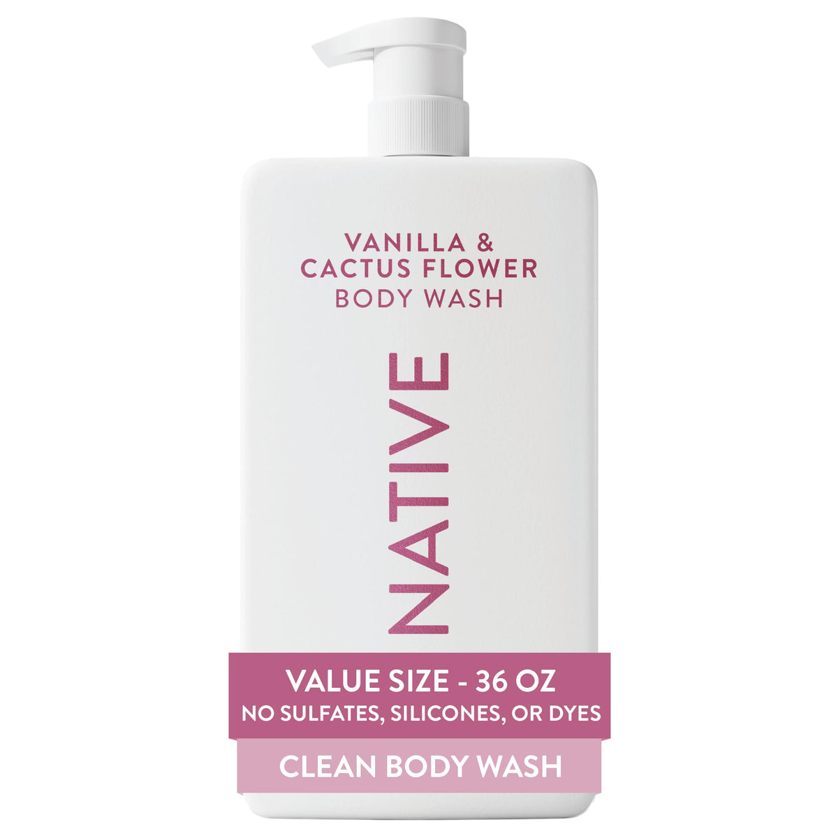 Native front packaging of 36 oz vanilla and cactus flower body wash, shows value size and easy pump
