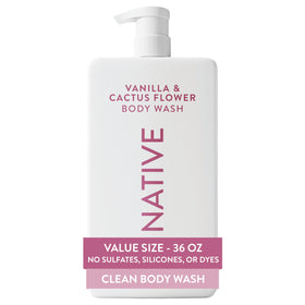 Native front packaging of 36 oz vanilla and cactus flower body wash, shows value size and easy pump