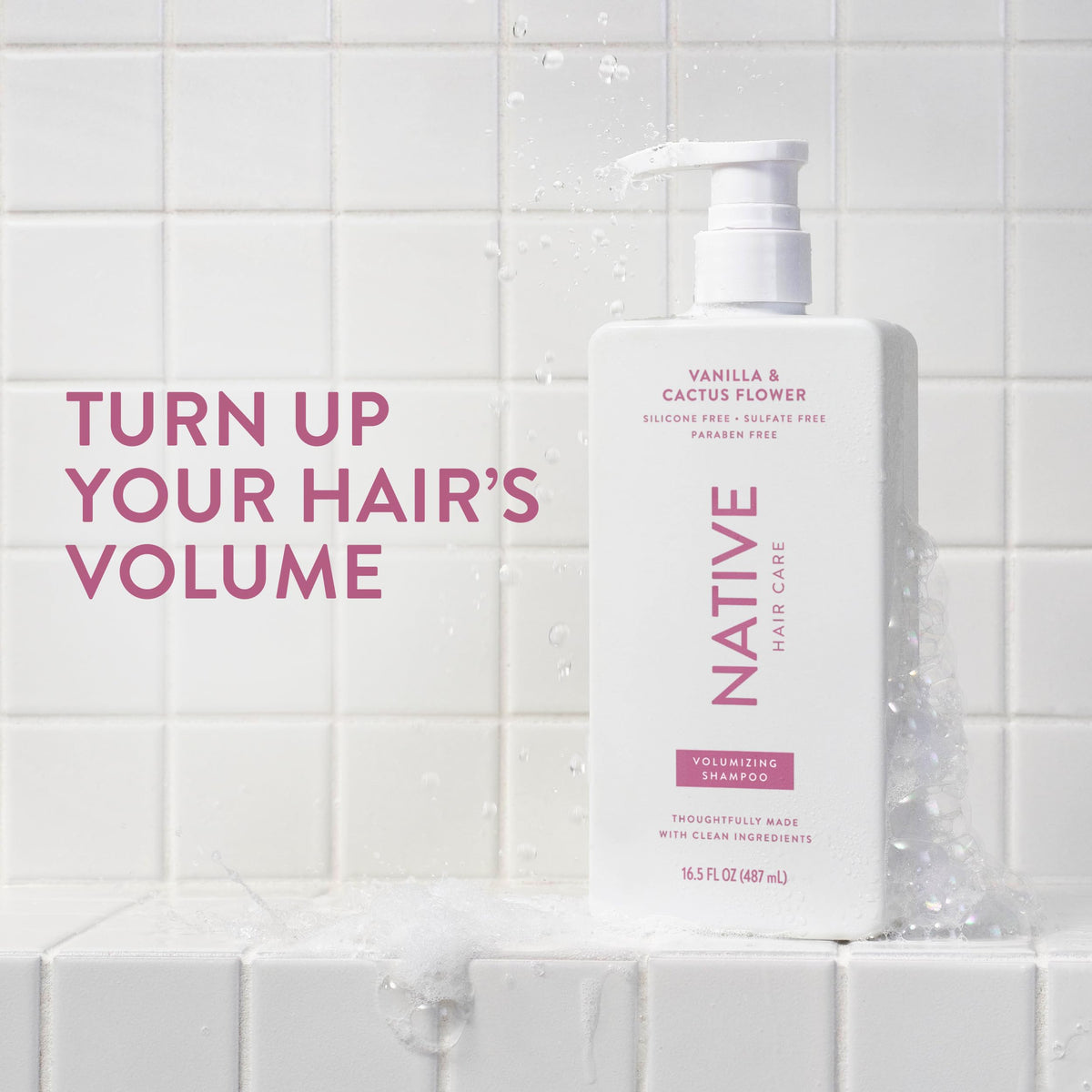 Native shampoo being poured illustrating lightweight lather benefit