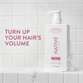 Native shampoo being poured illustrating lightweight lather benefit