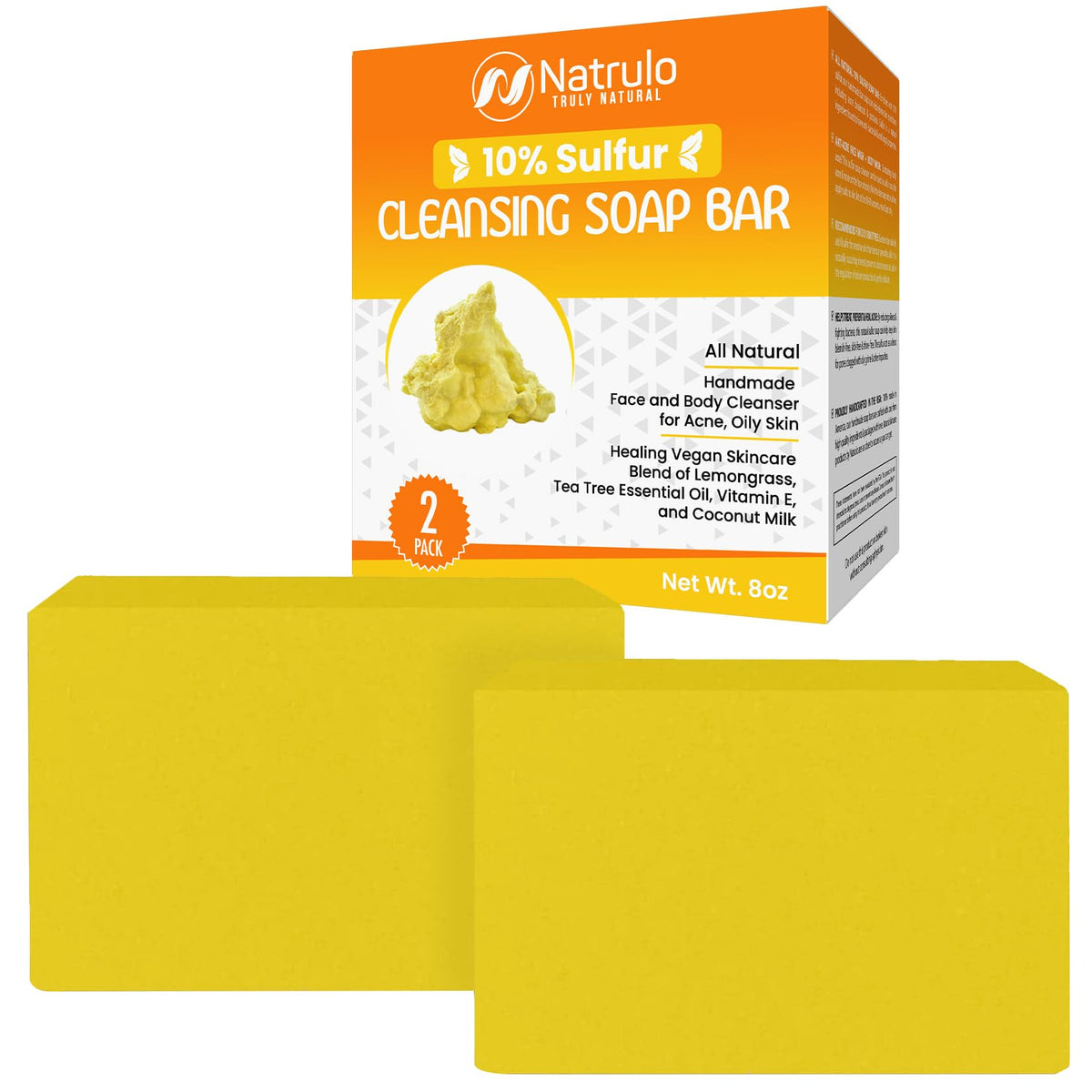 Natrulo front packaging showing 10% sulfur soap and natural benefits