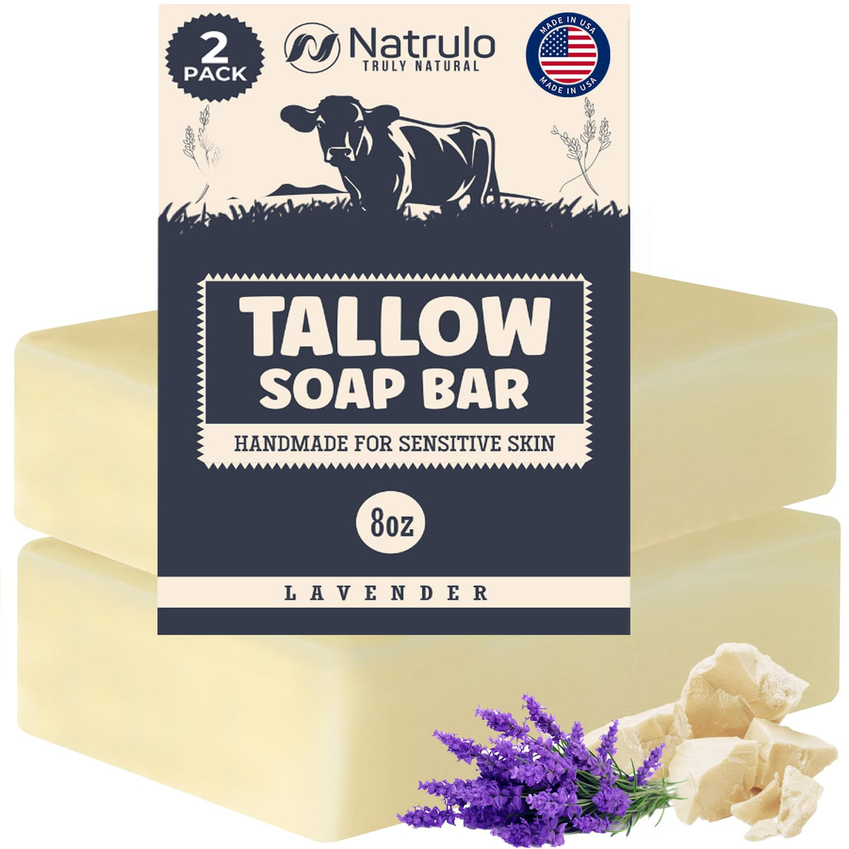Natrulo lavender tallow bar front packaging shows natural benefits