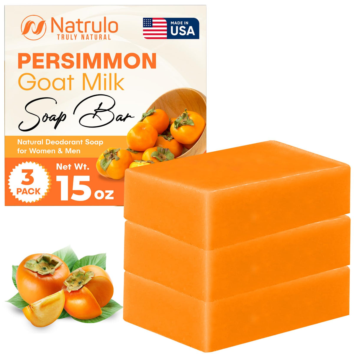 Natrulo persimmon soap front packaging showing bar and branding, promotes natural odor control