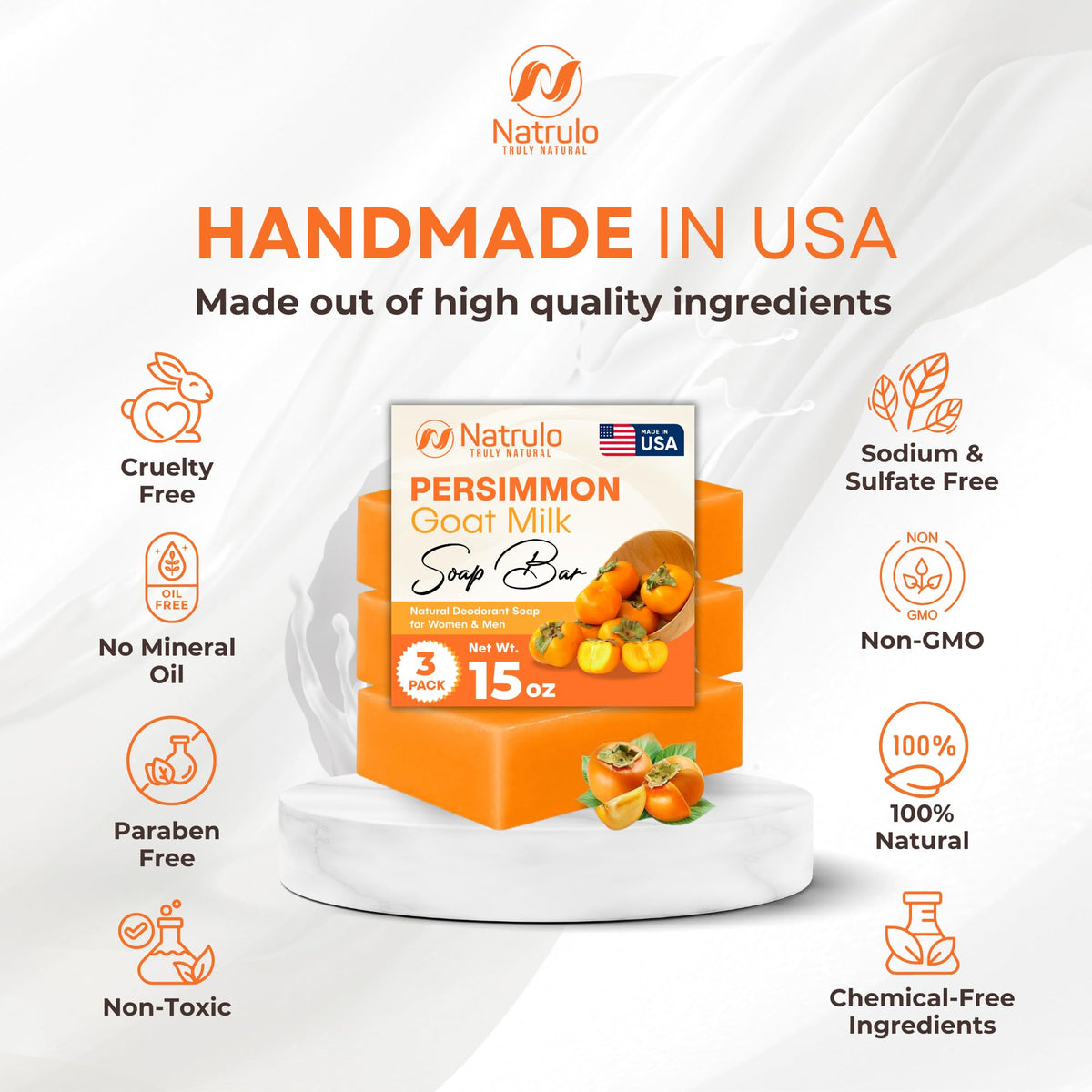 Natrulo persimmon soap lathering in shower demonstrating effective cleansing and gentle deodorizing