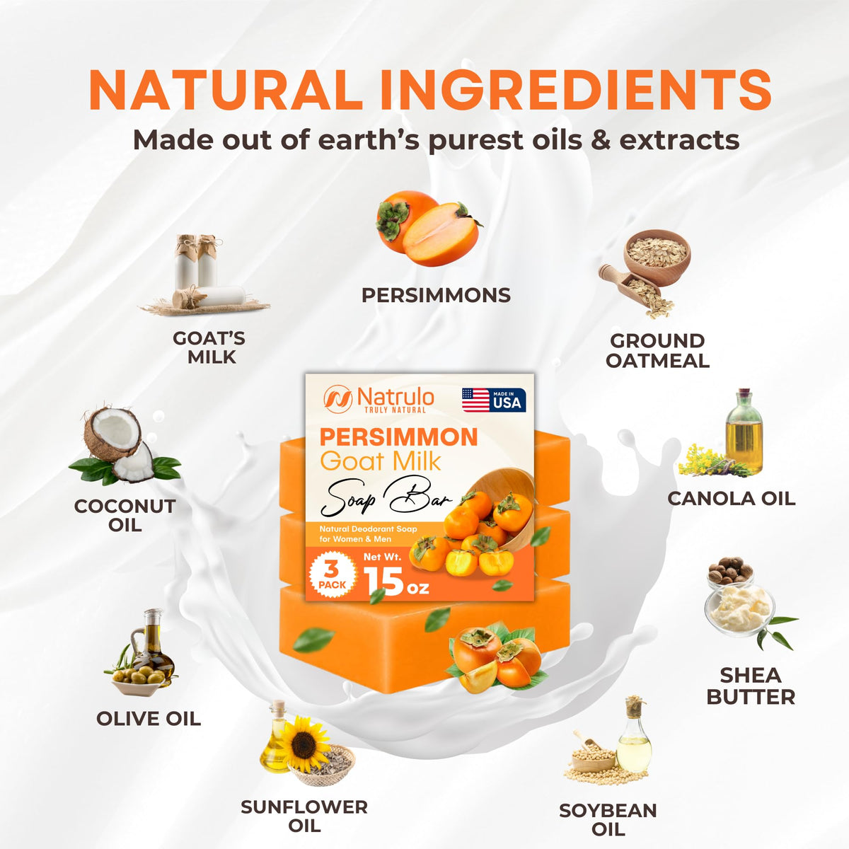 Natrulo persimmon soap beside shea butter and goat milk to show nourishing ingredients for soft skin