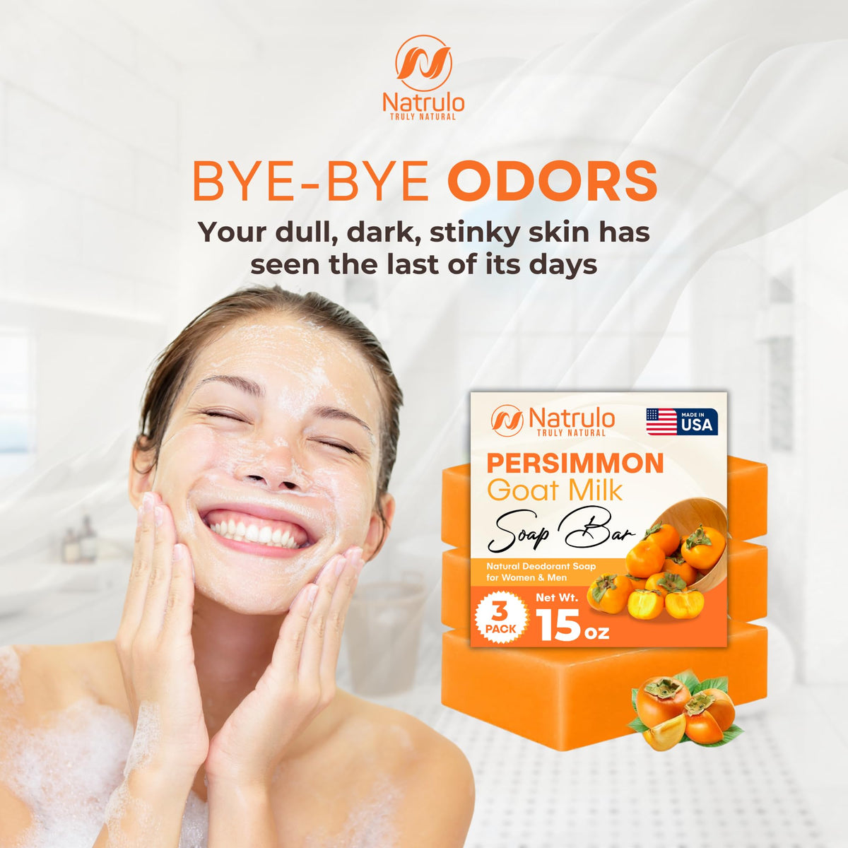 Natrulo persimmon soap label close-up clear ingredients list emphasizing handcrafted USA production