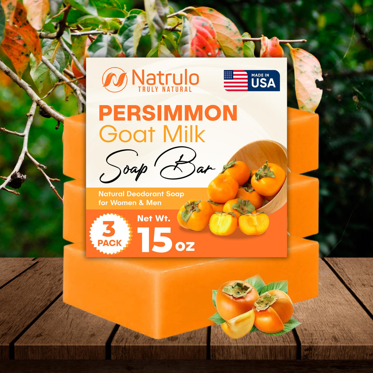 Natrulo persimmon soap staged in bathroom shelf scene conveying natural skincare lifestyle benefits