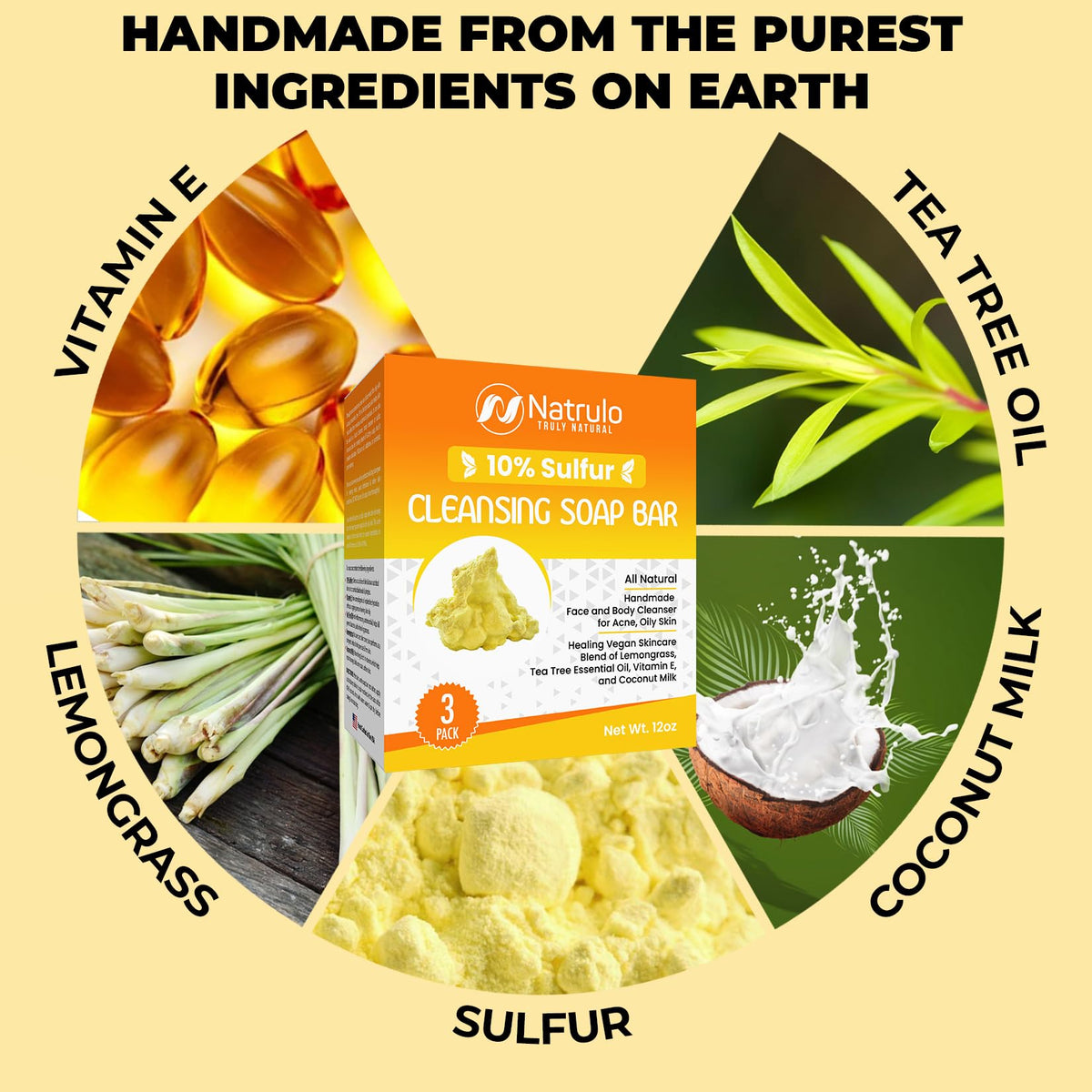 Natrulo sulfur soap ingredient label showing tea tree lemongrass vitamin E