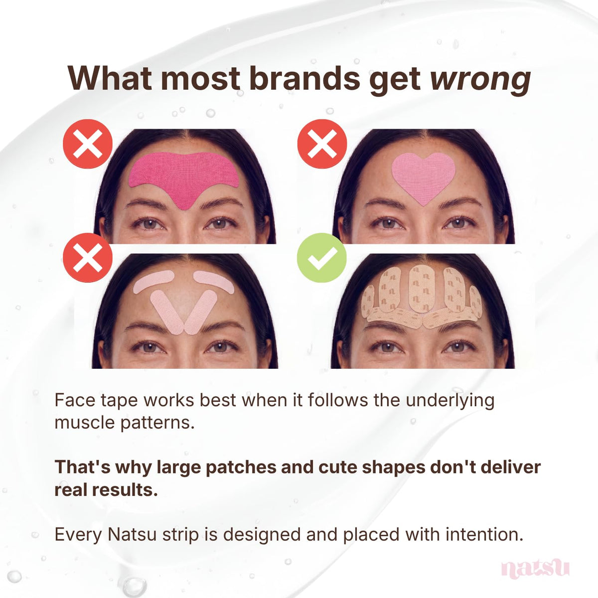 Natsu patch applied to forehead showing smooth placement and sleep crease protection
