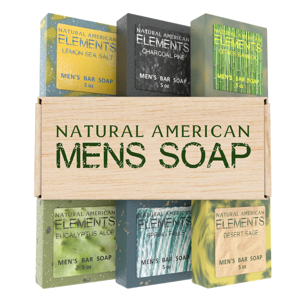 NATURAL AMERICAN front packaging showing six 5 oz bars, clear benefits