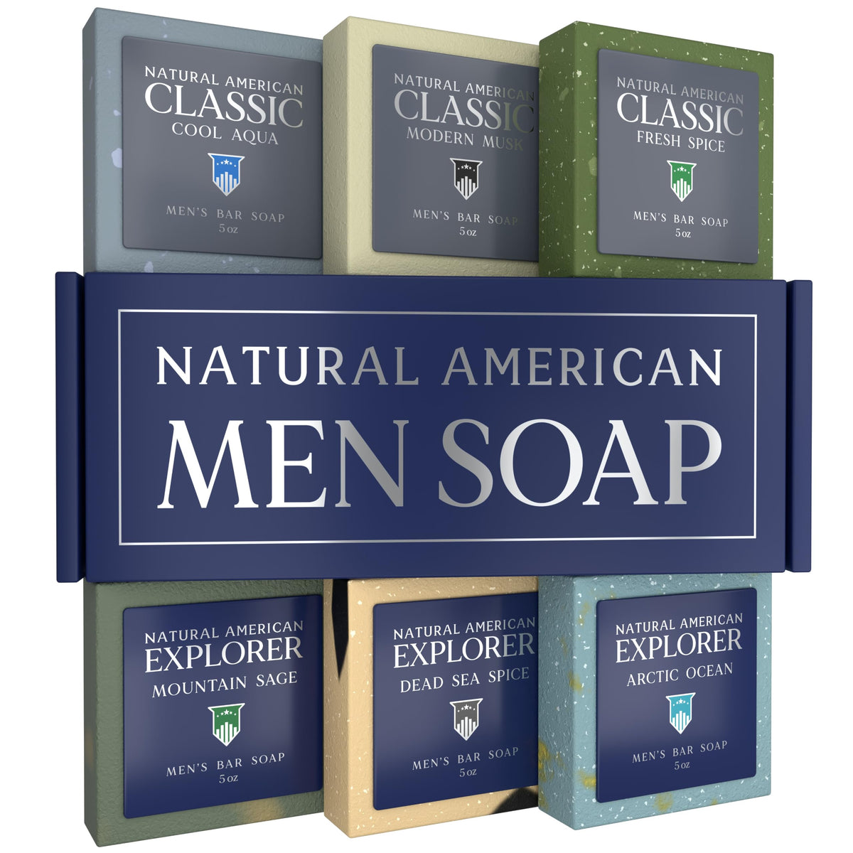 NATURAL AMERICAN front packaging showing six cologne-scent bars, natural ingredients benefit