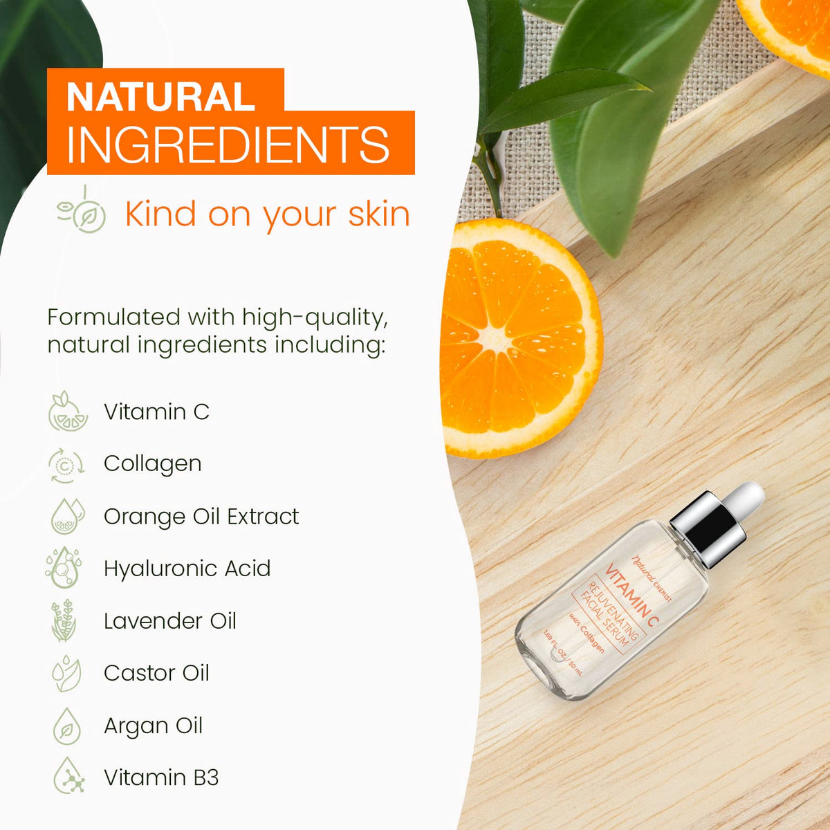 Natural Chemist bottle with natural ingredient props suggesting skin-nourishing benefits