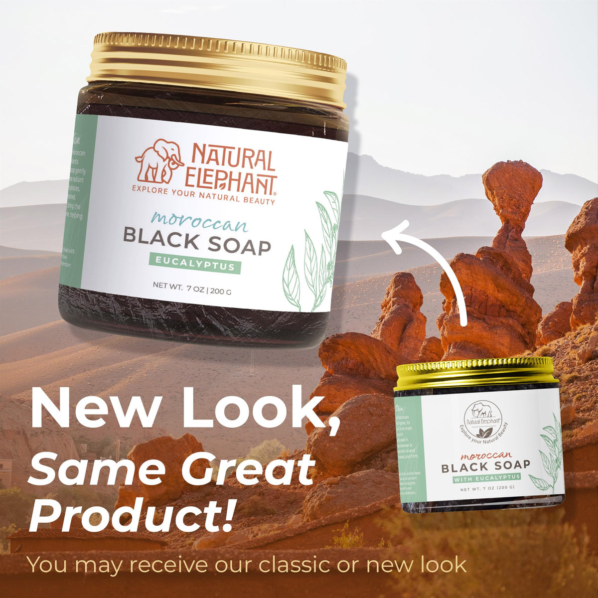 Natural Elephant jar next to ruler showing 200g scale and travel-friendly benefit