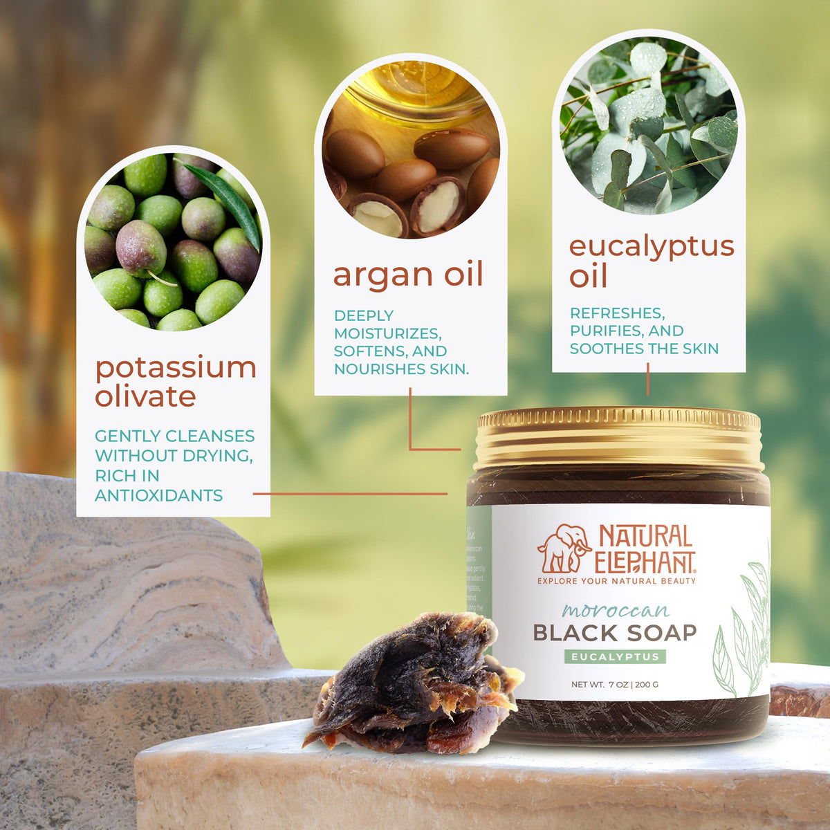 Natural Elephant jar beside hammam glove demonstrating enhanced exfoliation benefit