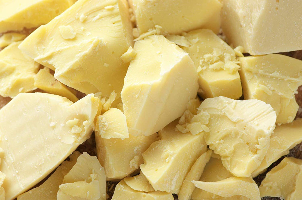 Natural Farms raw cocoa butter front view showing packaging and rich, natural benefits