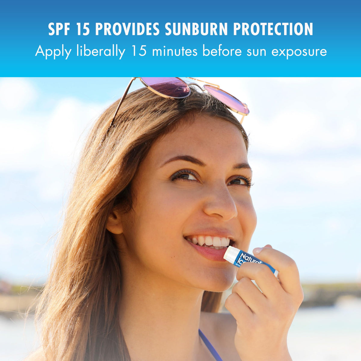 Natural Ice lip balm being applied outdoors for sun and wind protection