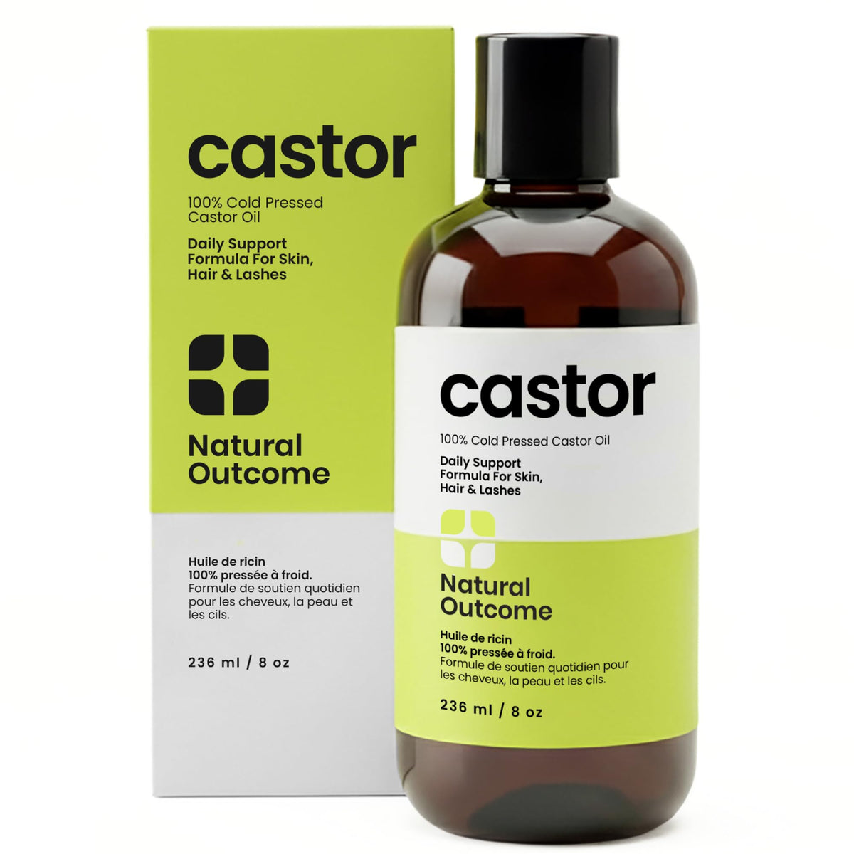 natural outcome castor oil front label showing purity and size benefit