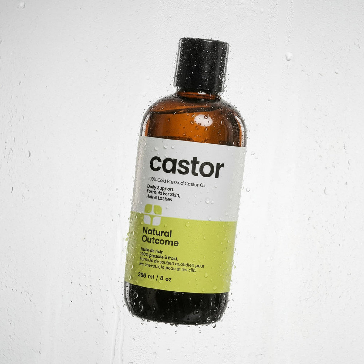 natural outcome castor oil on bathroom shelf conveying daily-routine convenience