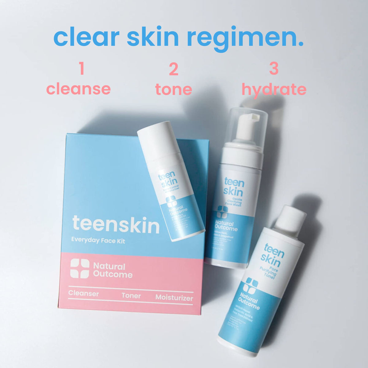 Natural Outcome foam cleanser pump and label highlighting easy application benefit