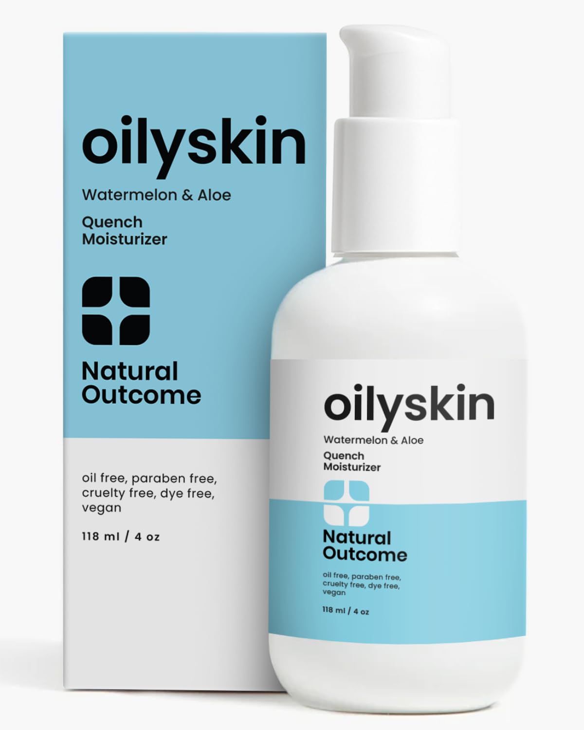 natural outcome front packaging showing 4 oz pump and label, clear benefits visible