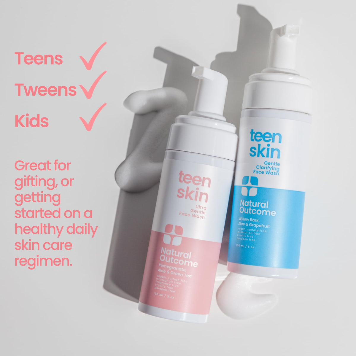 natural outcome pump action foam dispensed to show soft lather and simple application benefit