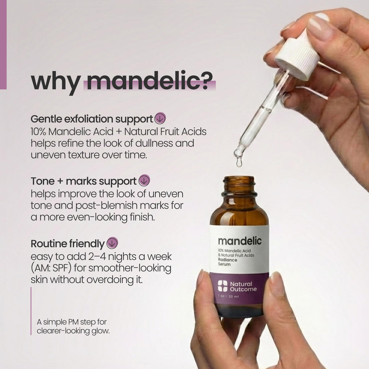 Natural Outcome serum applied on hand demonstrating smooth glide