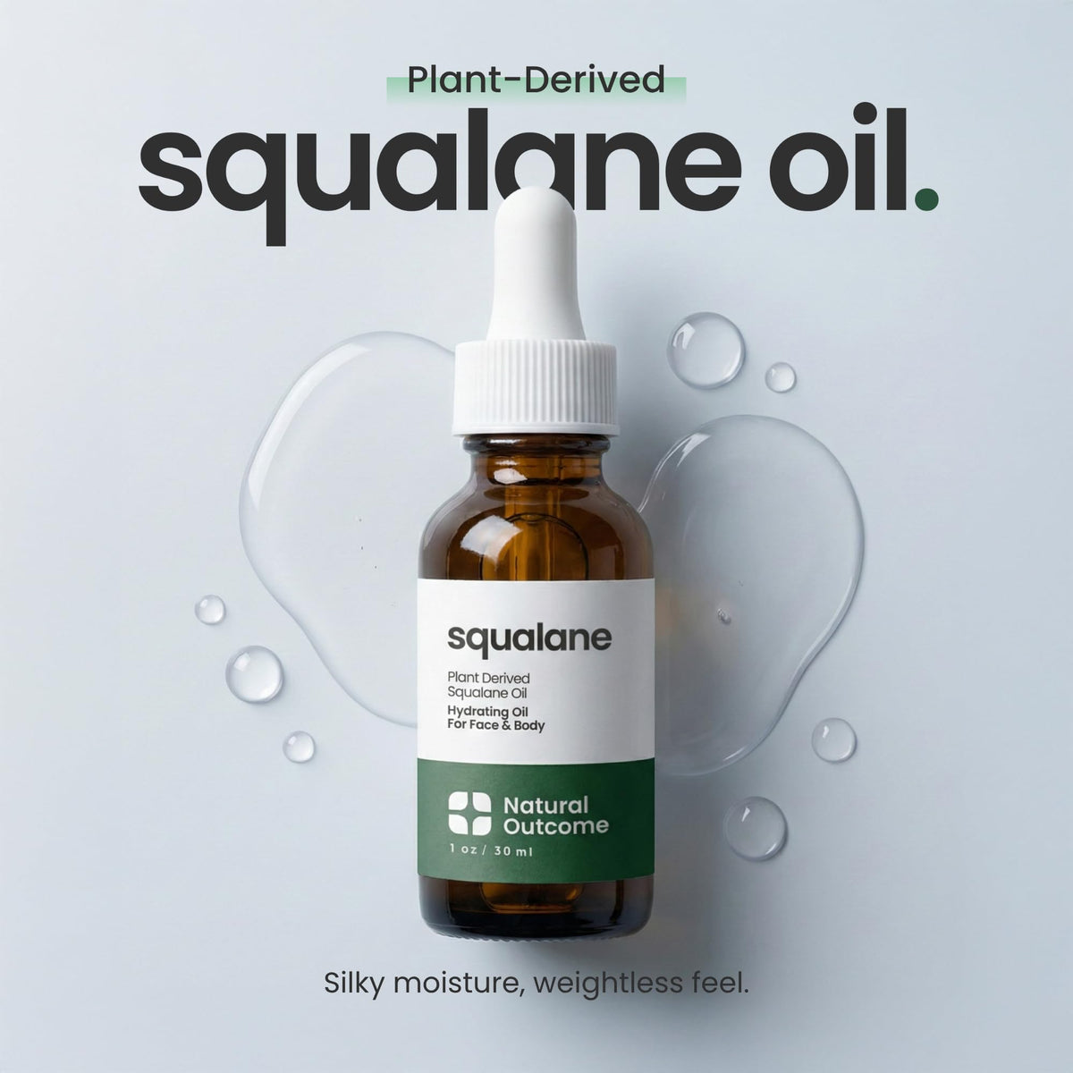 natural outcome dropper dispensing clear squalane oil highlighting precise application