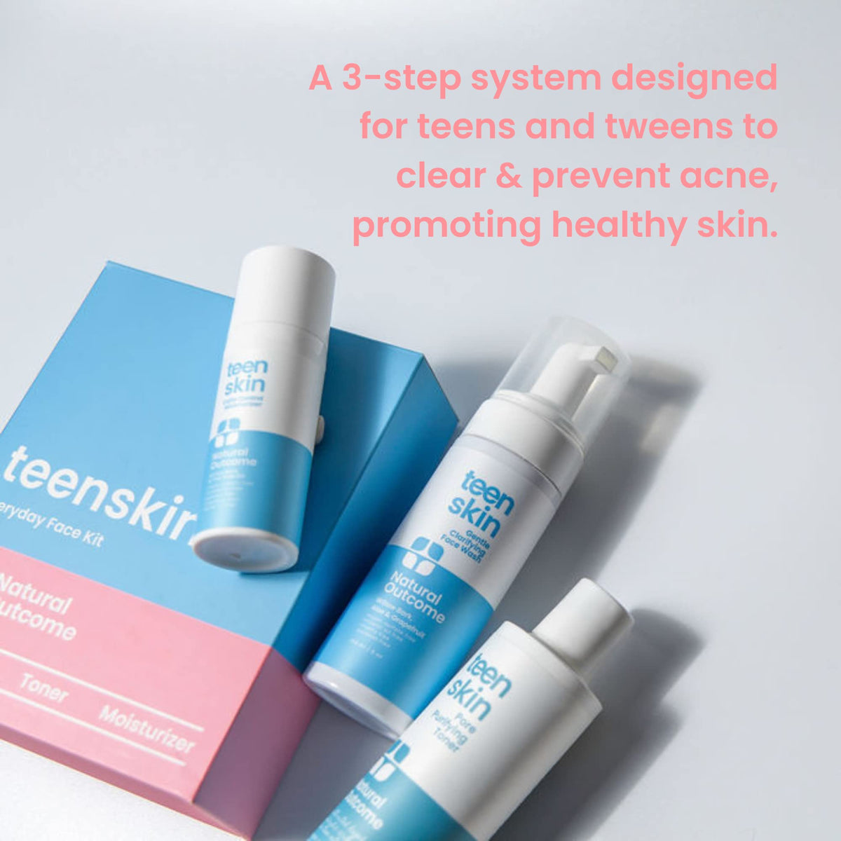 Natural Outcome teen using cleanser at sink demonstrating simple twice-daily routine