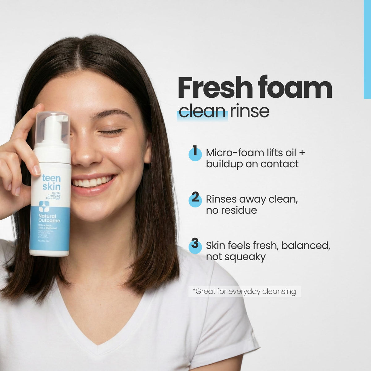 natural outcome teen using face wash demonstrating gentle, effective cleansing benefit