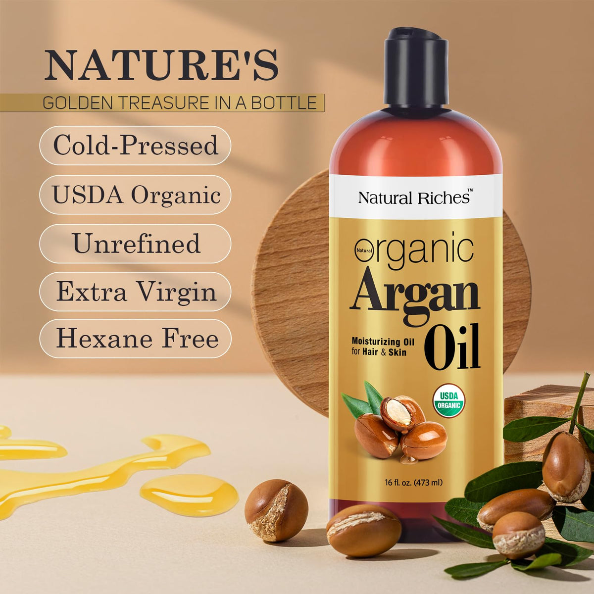 Natural Riches argan oil bottle on bathroom shelf implying daily routine and convenience