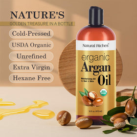 Natural Riches argan oil bottle on bathroom shelf implying daily routine and convenience