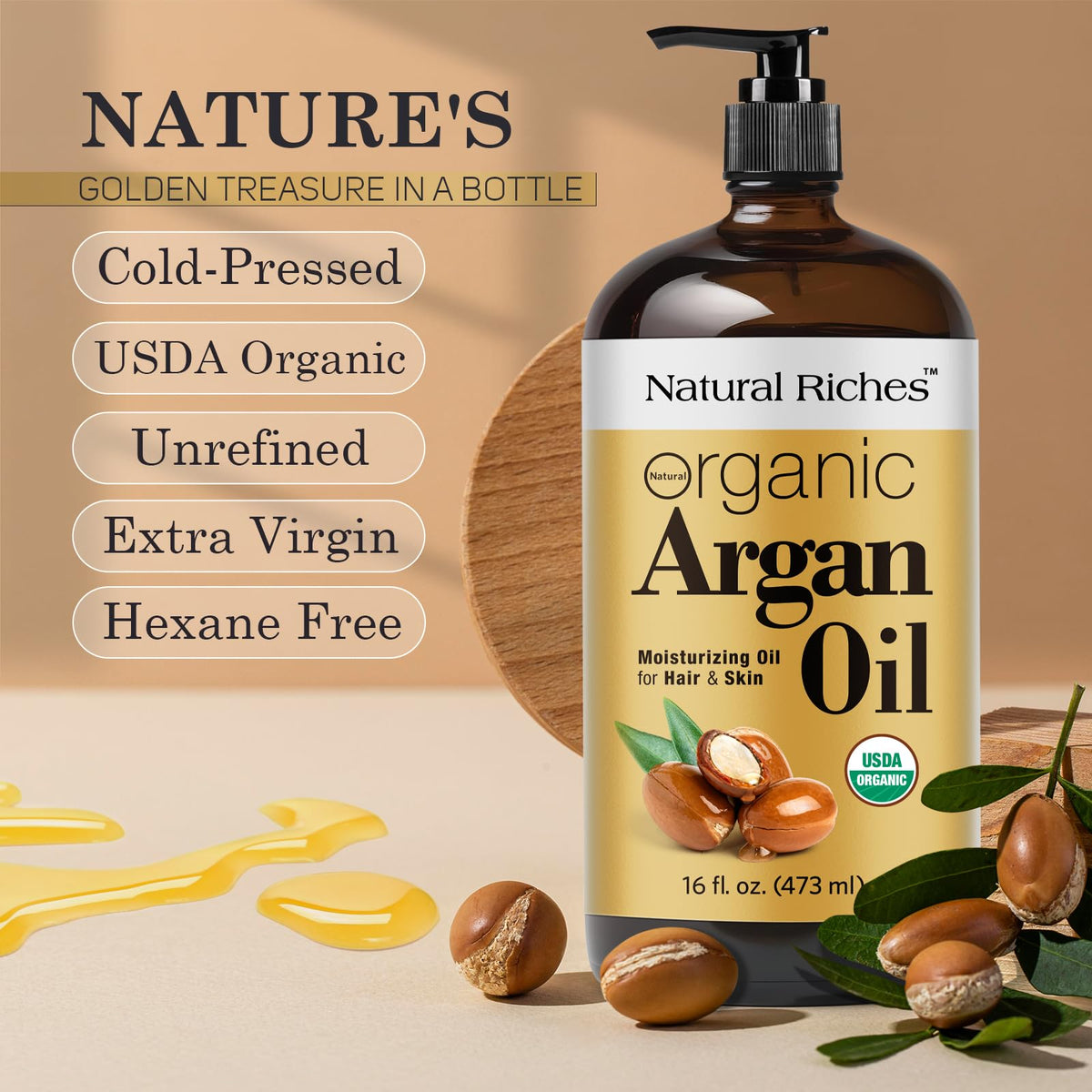 Natural Riches close-up droplet of argan oil highlighting smooth moisturizing texture