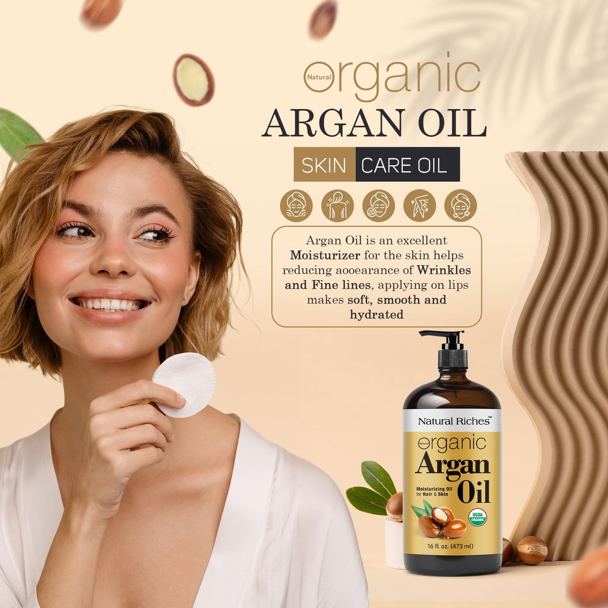 Natural Riches facial application of argan oil for lightweight nighttime hydration