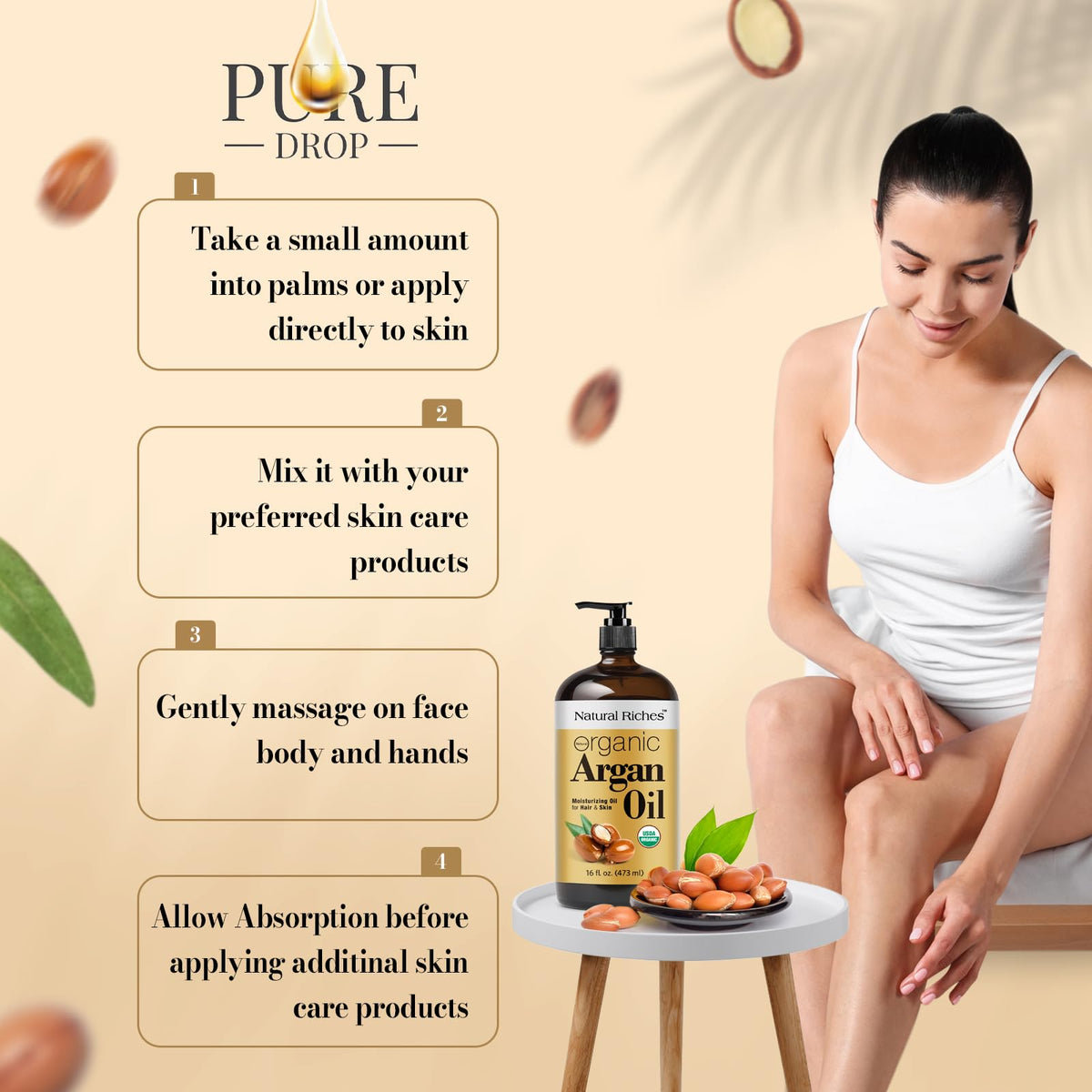 Natural Riches bottle beside everyday items to show the 16 oz scale and value