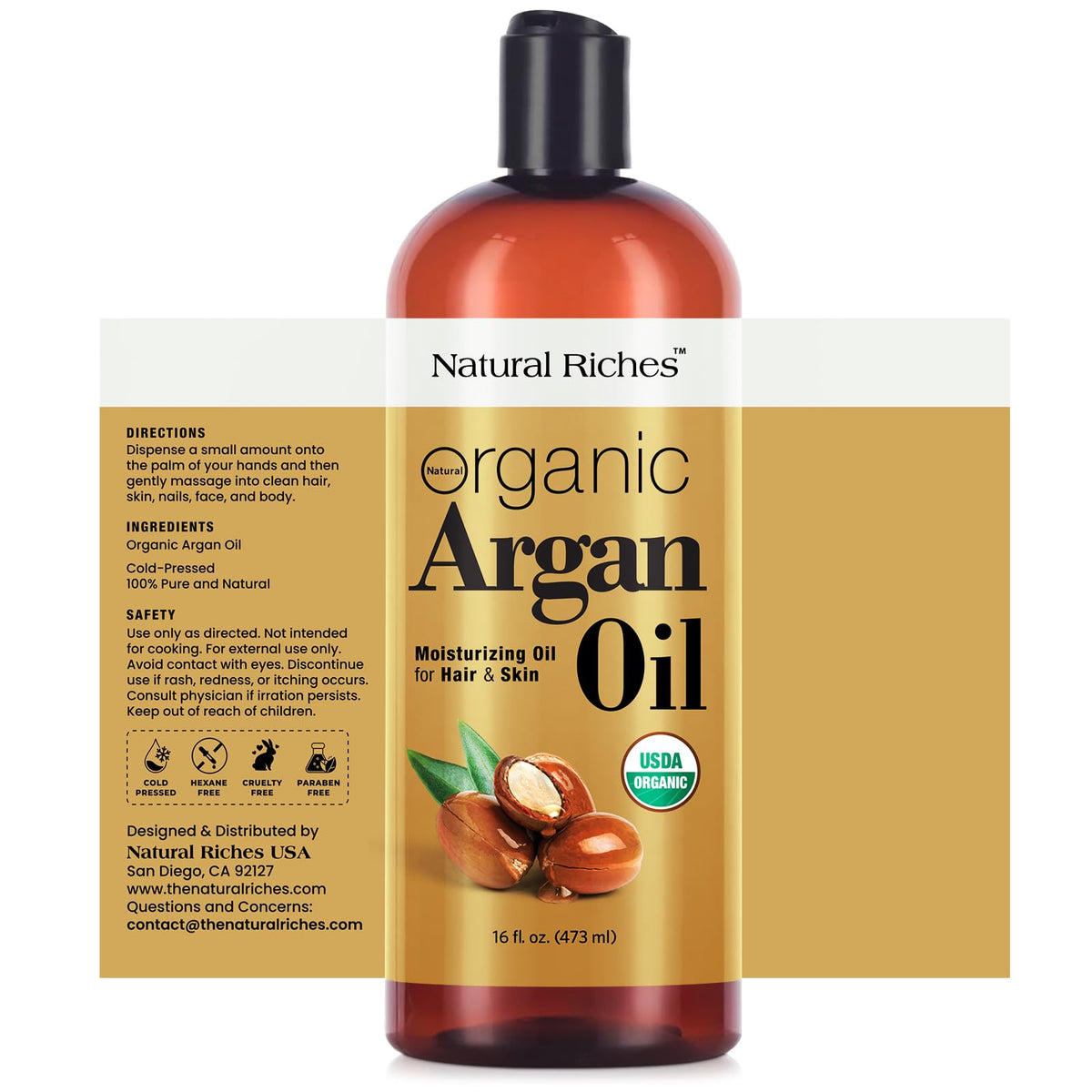 Natural Riches argan oil pouring from bottle demonstrating smooth consistency and easy application