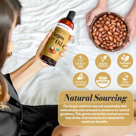Close-up drop of Natural Riches argan oil showing lightweight texture and quick absorption benefit
