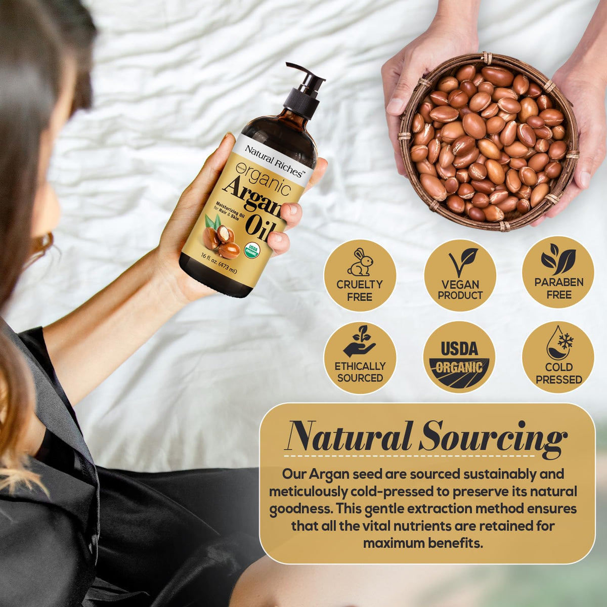 Natural Riches oil on hand showing lightweight, non-greasy texture for skin