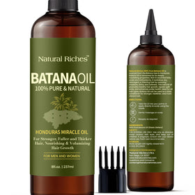 Natural Riches bottle front showing batana oil, clear labeling and pure ingredient benefit